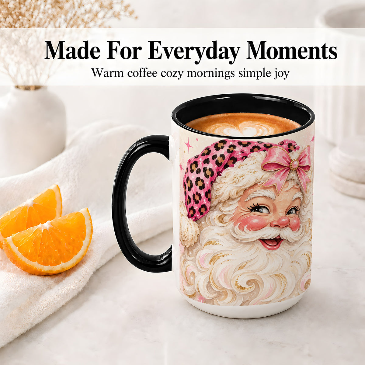 #pl[15oz|Black] Pink Leopard Santa Accent Mug, Ceramic Mug for Christmas Lovers