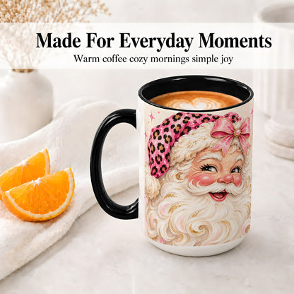 #pl[15oz|Black] Pink Leopard Santa Accent Mug, Ceramic Mug for Christmas Lovers