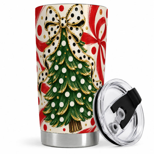 Polka Dot Bow Christmas Tree Tumbler, 20oz Stainless Steel Tumbler