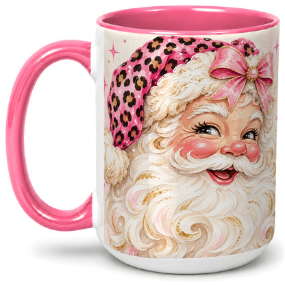 #pl[15oz|Pink] Pink Leopard Santa Accent Mug, Ceramic Mug for Christmas Lovers