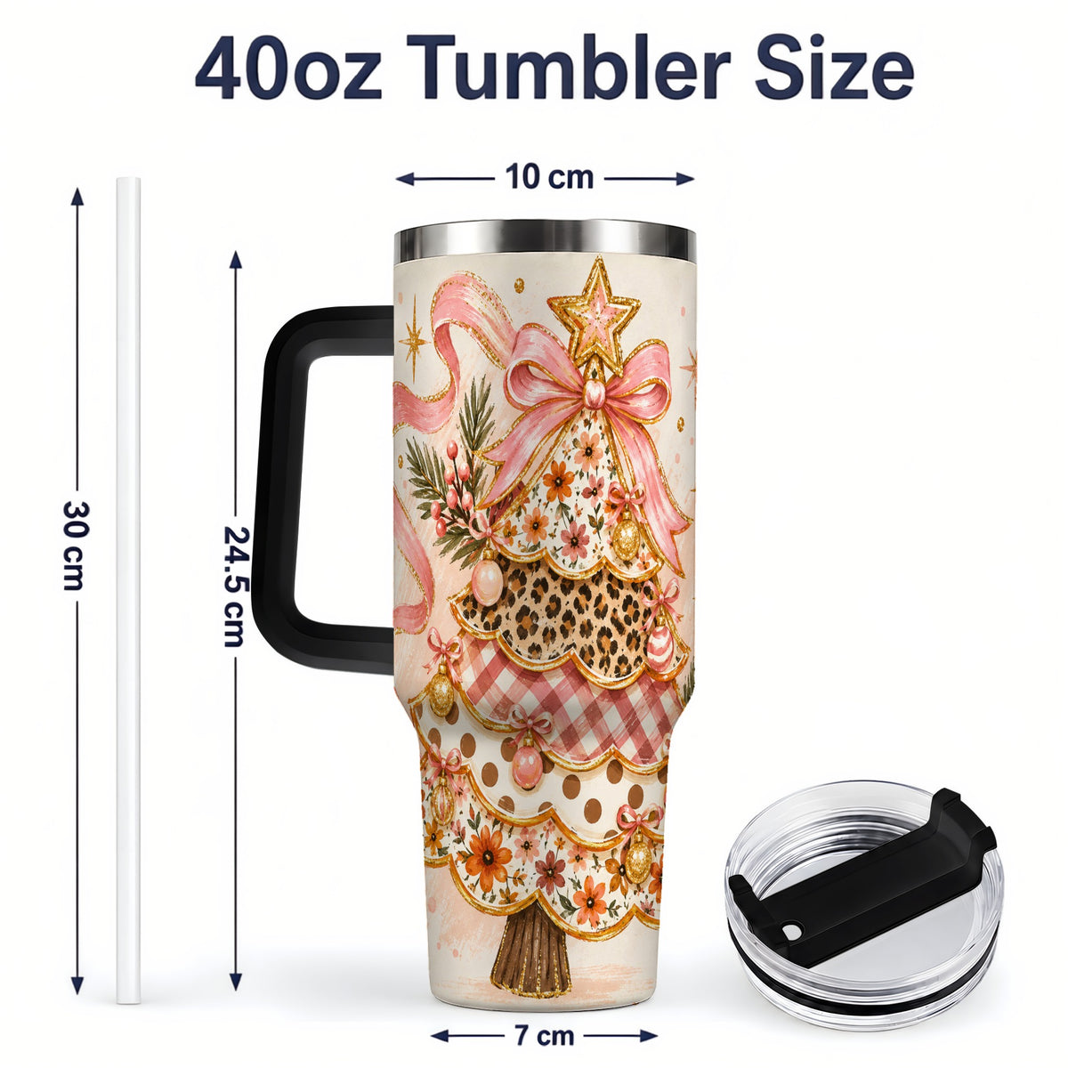 #pl[40oz|Black] Pink Bow Patterned Christmas Tree Tumbler, 40oz Stainless Steel Tumbler
