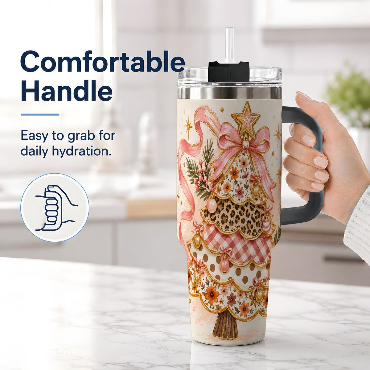 #pl[40oz|Black] Pink Bow Patterned Christmas Tree Tumbler, 40oz Stainless Steel Tumbler