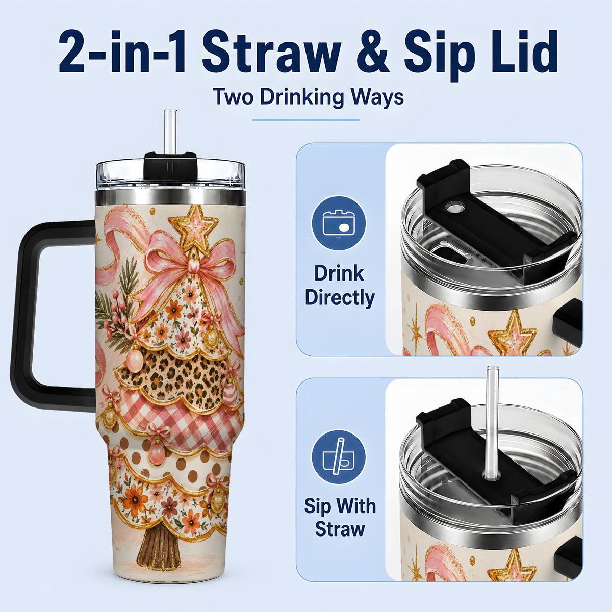#pl[40oz|Black] Pink Bow Patterned Christmas Tree Tumbler, 40oz Stainless Steel Tumbler