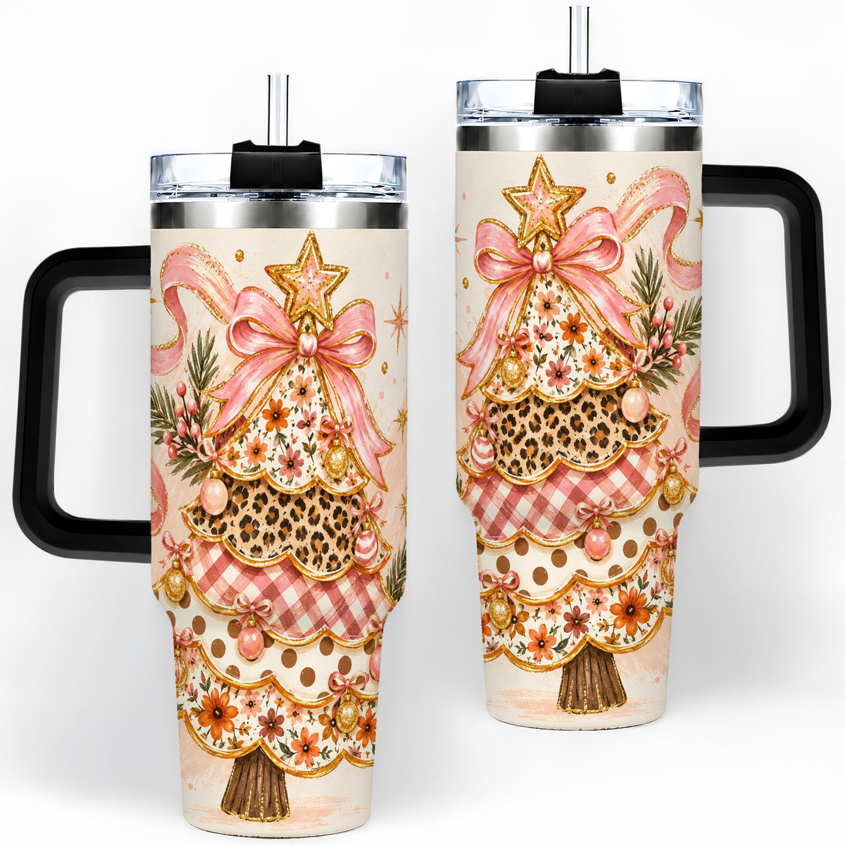 #pl[40oz|Black] Pink Bow Patterned Christmas Tree Tumbler, 40oz Stainless Steel Tumbler