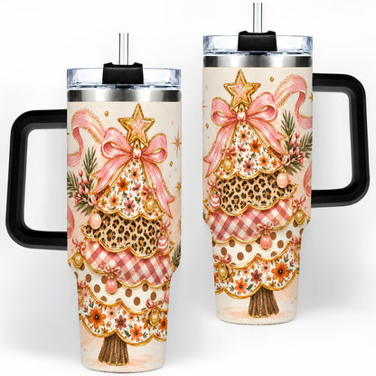 #pl[40oz|Black] Pink Bow Patterned Christmas Tree Tumbler, 40oz Stainless Steel Tumbler