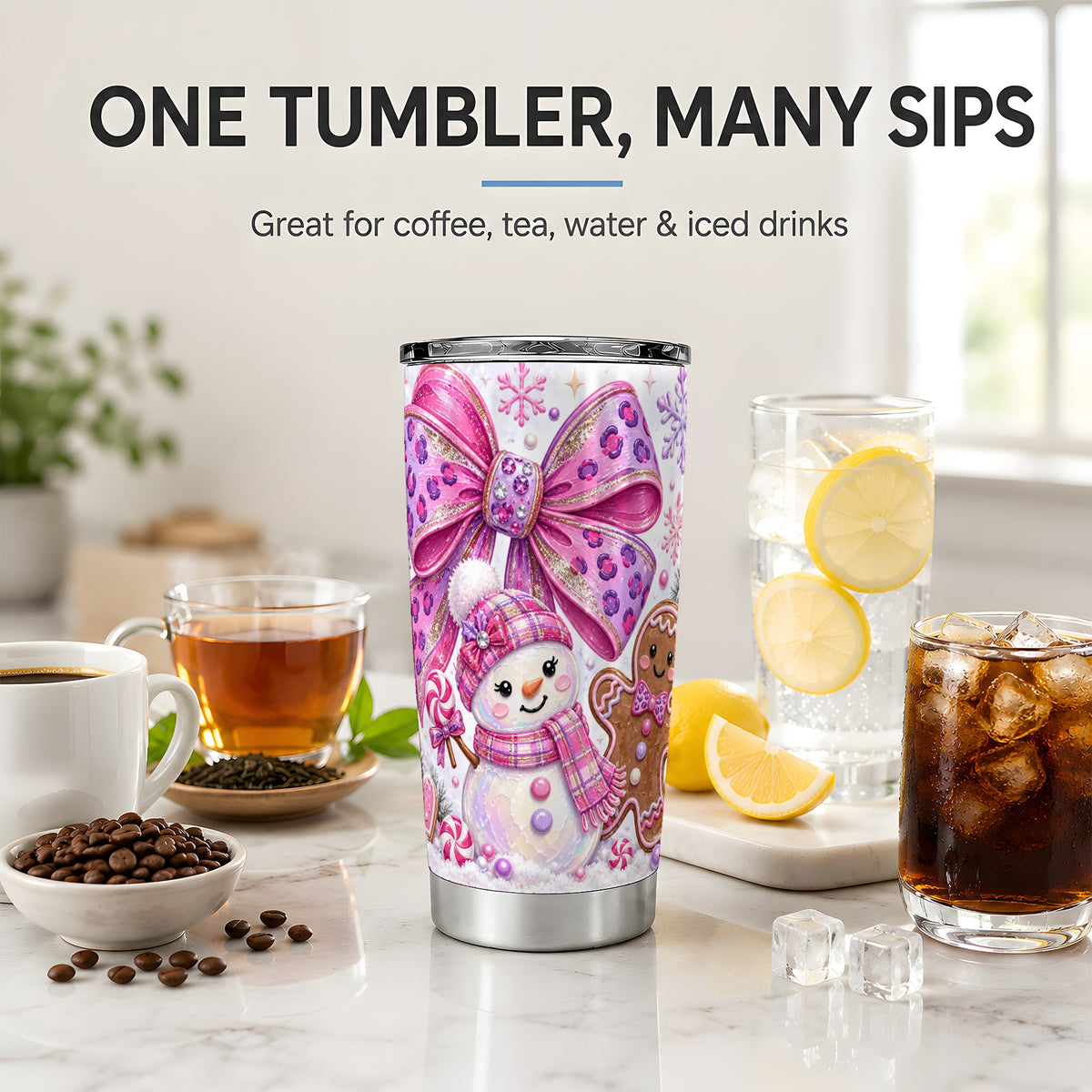 #pl[20oz|Steel] Pink Bow Snowman Christmas Tumbler, 20oz Stainless Steel Tumbler