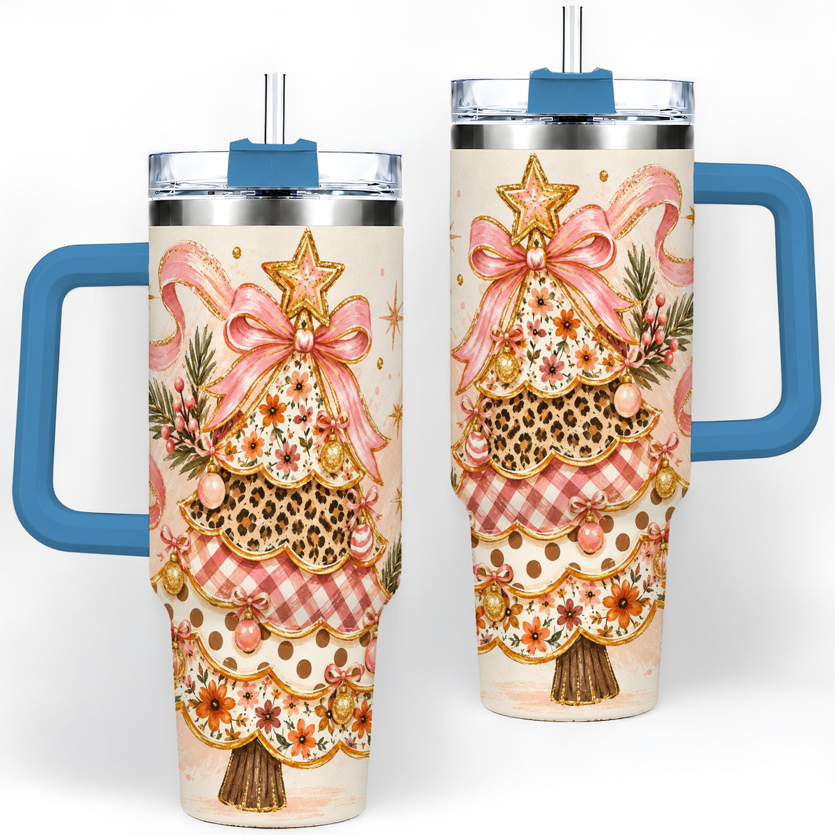 #pl[40oz|Blue] Pink Bow Patterned Christmas Tree Tumbler, 40oz Stainless Steel Tumbler