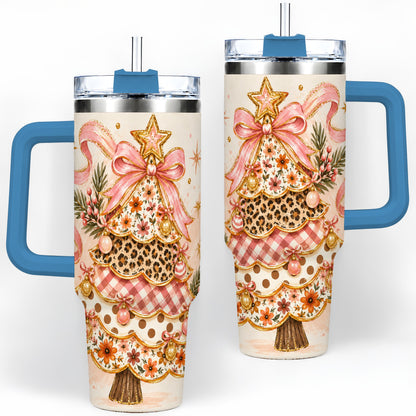 #pl[40oz|Blue] Pink Bow Patterned Christmas Tree Tumbler, 40oz Stainless Steel Tumbler