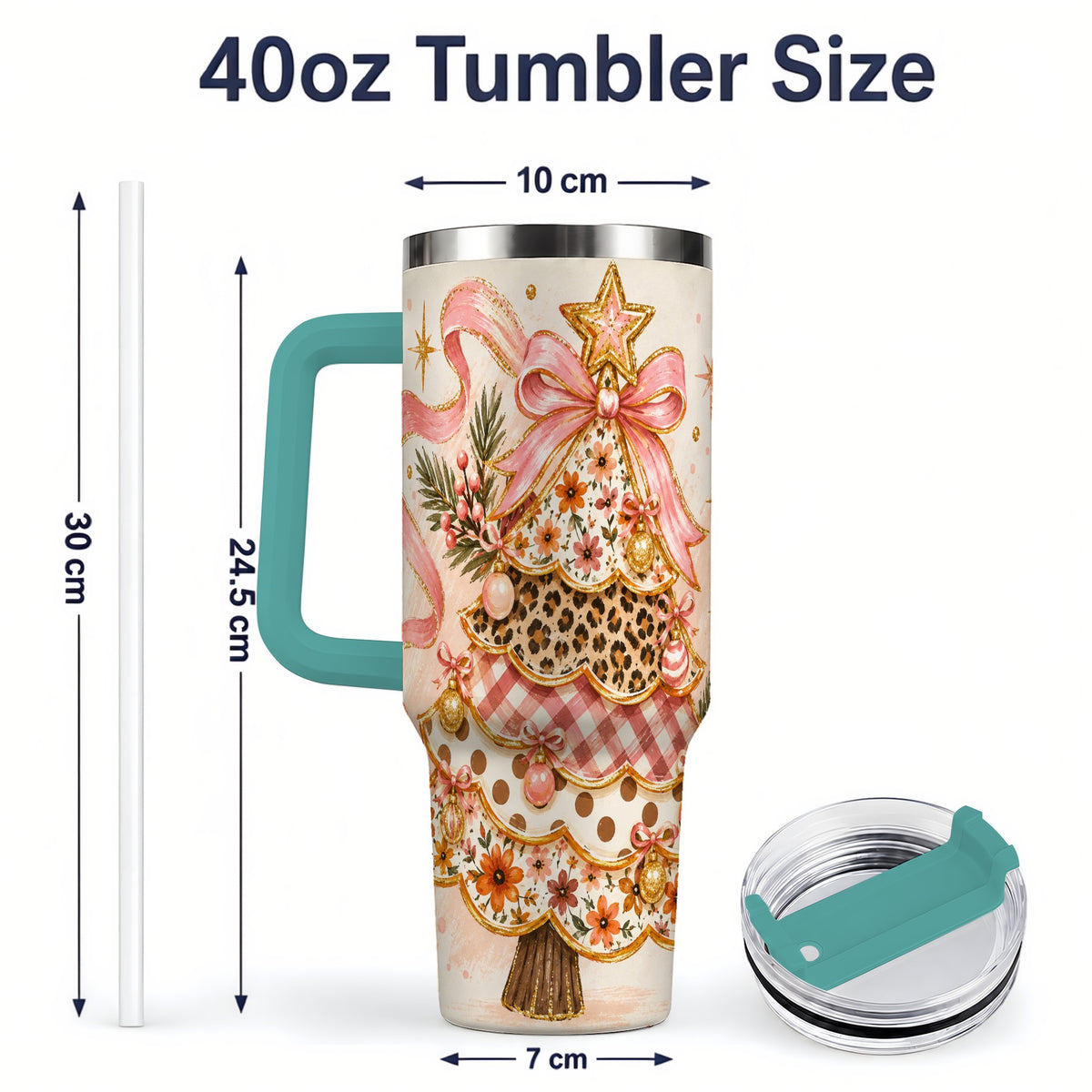 #pl[40oz|Green] Pink Bow Patterned Christmas Tree Tumbler, 40oz Stainless Steel Tumbler