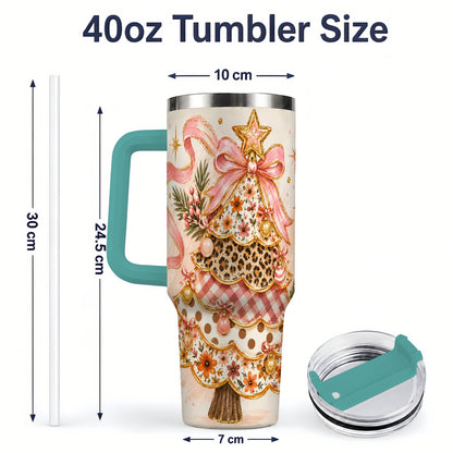 #pl[40oz|Green] Pink Bow Patterned Christmas Tree Tumbler, 40oz Stainless Steel Tumbler