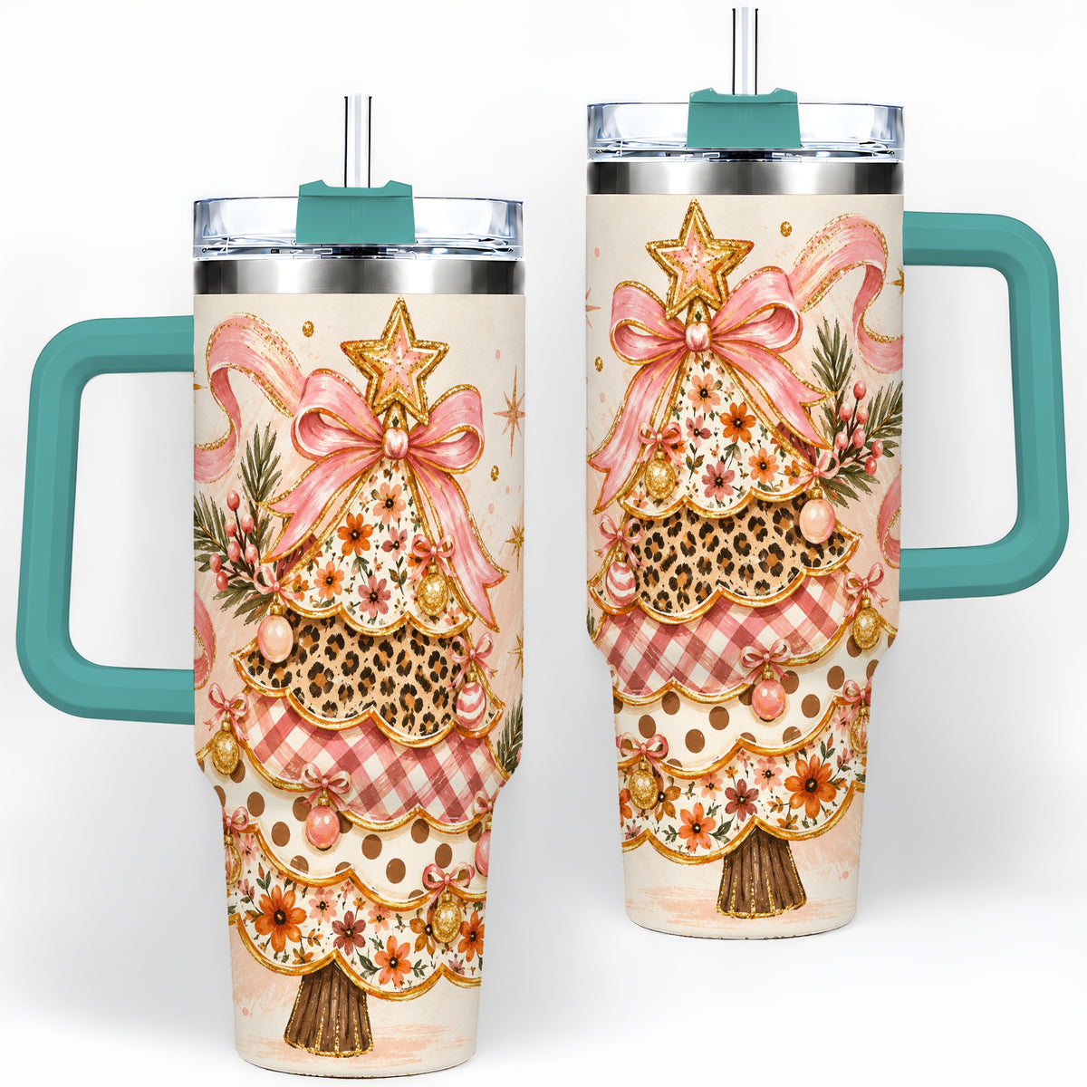 #pl[40oz|Green] Pink Bow Patterned Christmas Tree Tumbler, 40oz Stainless Steel Tumbler