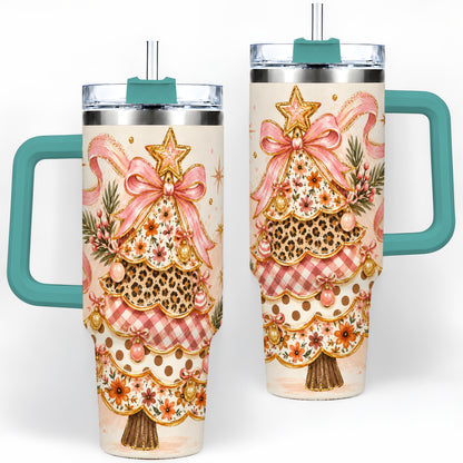 #pl[40oz|Green] Pink Bow Patterned Christmas Tree Tumbler, 40oz Stainless Steel Tumbler