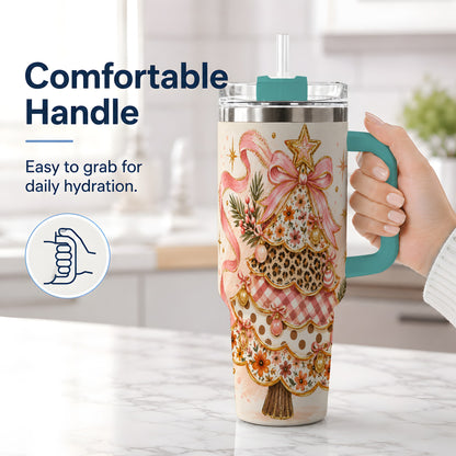 #pl[40oz|Green] Pink Bow Patterned Christmas Tree Tumbler, 40oz Stainless Steel Tumbler