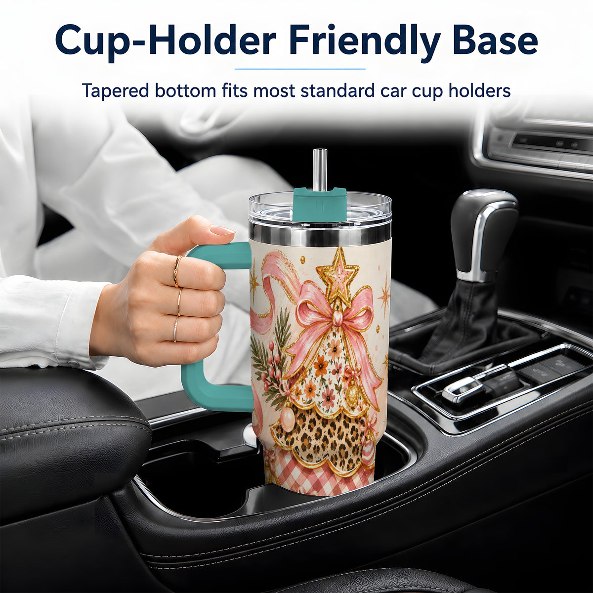 #pl[40oz|Green] Pink Bow Patterned Christmas Tree Tumbler, 40oz Stainless Steel Tumbler
