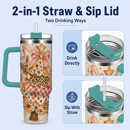 #pl[40oz|Green] Pink Bow Patterned Christmas Tree Tumbler, 40oz Stainless Steel Tumbler