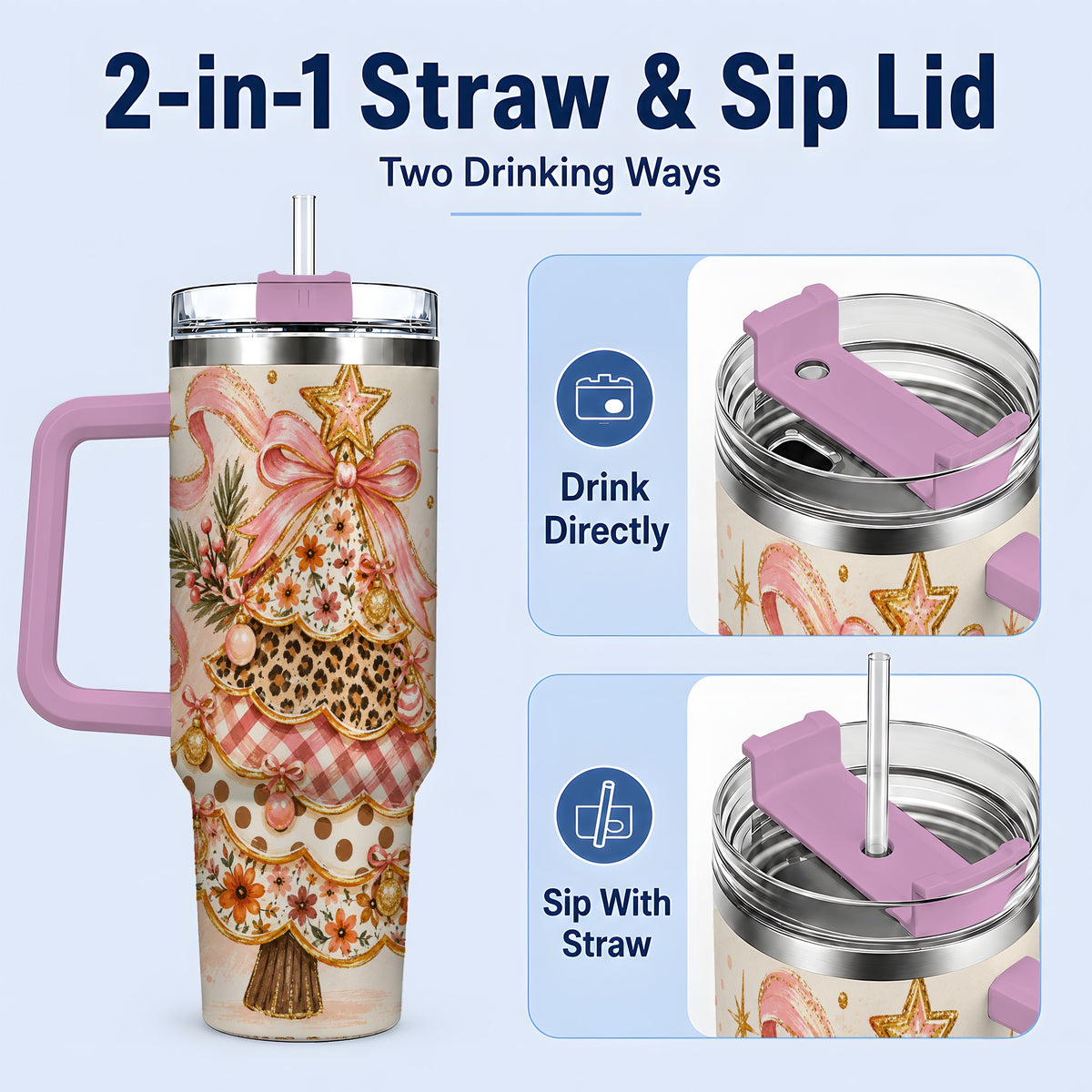 #pl[40oz|Pink] Pink Bow Patterned Christmas Tree Tumbler, 40oz Stainless Steel Tumbler