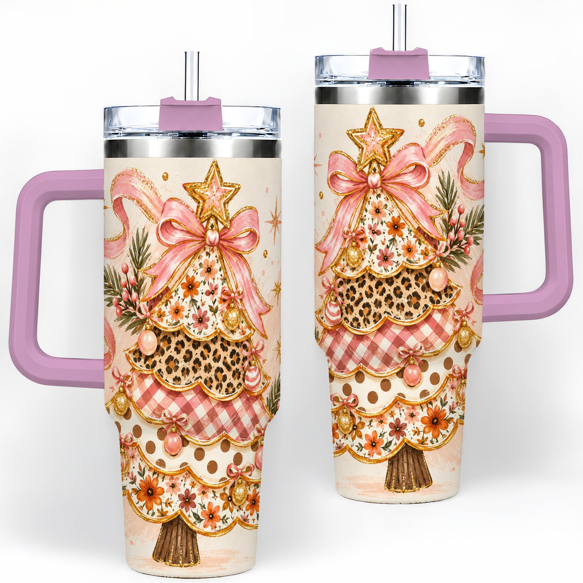 #pl[40oz|Pink] Pink Bow Patterned Christmas Tree Tumbler, 40oz Stainless Steel Tumbler