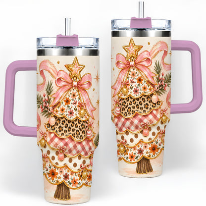 #pl[40oz|Pink] Pink Bow Patterned Christmas Tree Tumbler, 40oz Stainless Steel Tumbler