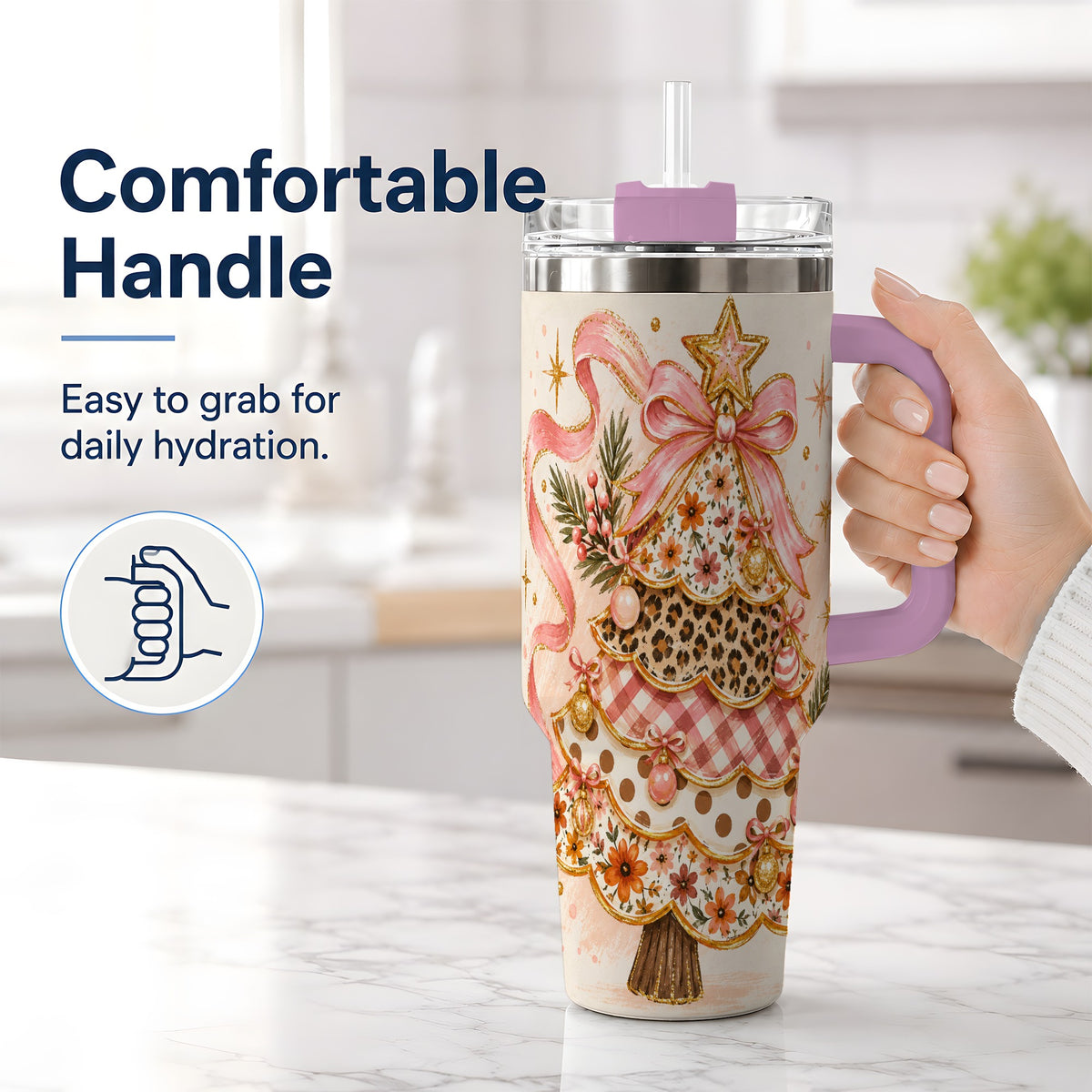 #pl[40oz|Pink] Pink Bow Patterned Christmas Tree Tumbler, 40oz Stainless Steel Tumbler