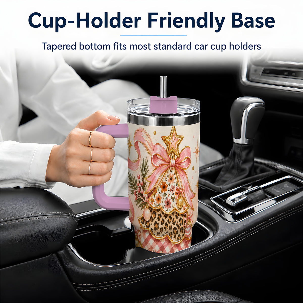 #pl[40oz|Pink] Pink Bow Patterned Christmas Tree Tumbler, 40oz Stainless Steel Tumbler