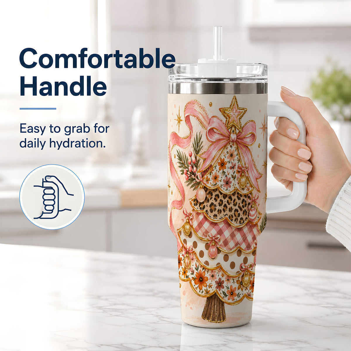 #pl[40oz|White] Pink Bow Patterned Christmas Tree Tumbler, 40oz Stainless Steel Tumbler