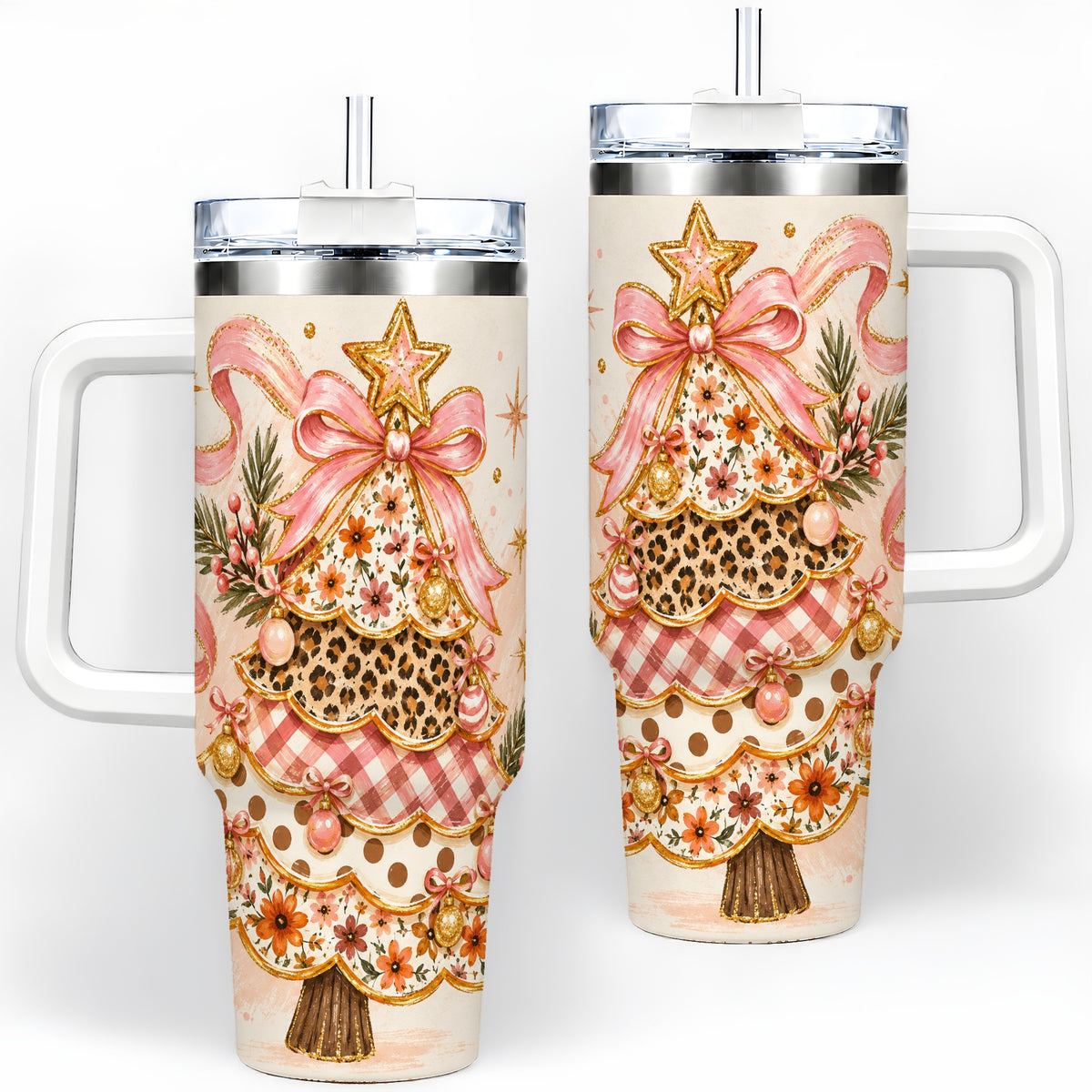 Pink Bow Patterned Christmas Tree Tumbler, 40oz Stainless Steel Tumbler
