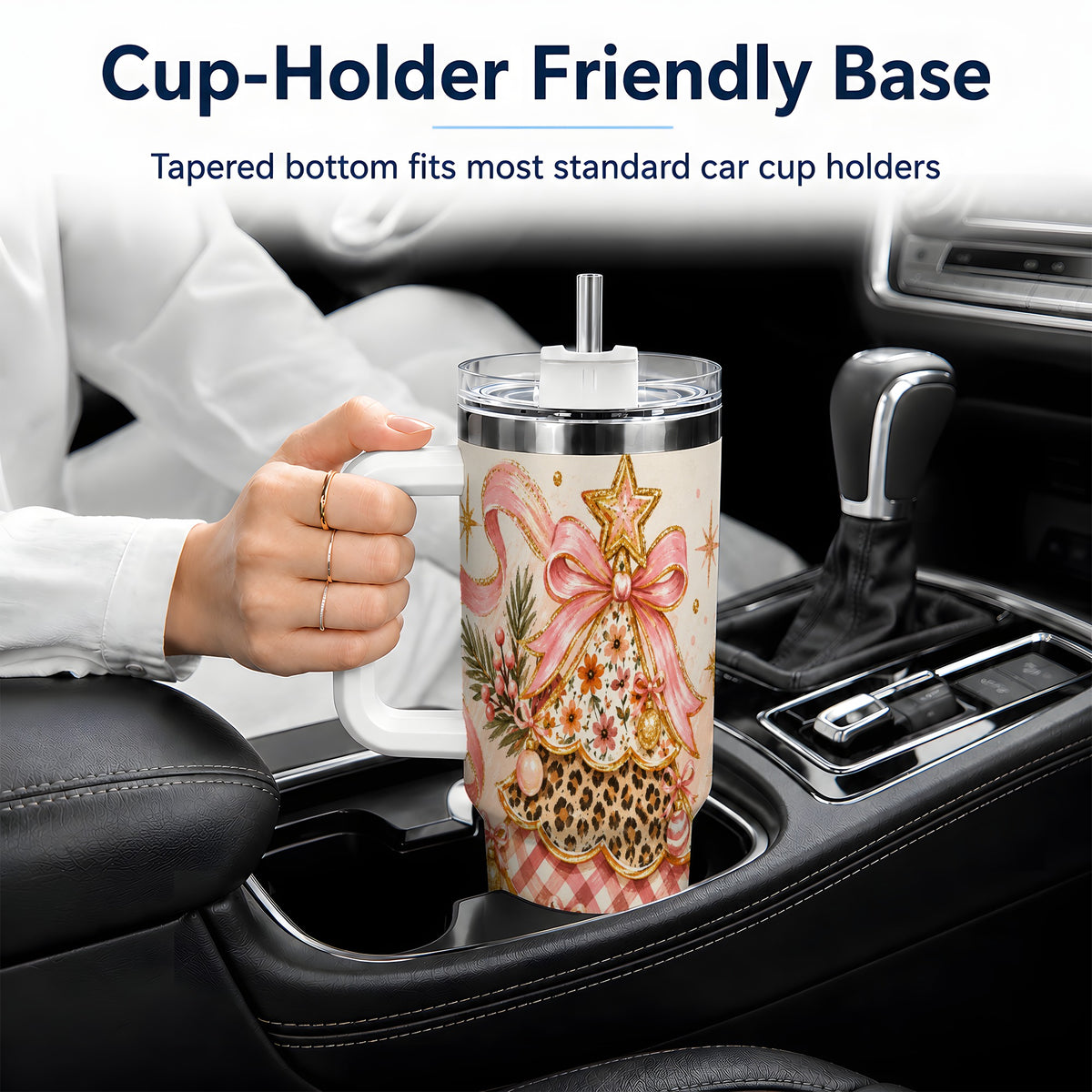#pl[40oz|White] Pink Bow Patterned Christmas Tree Tumbler, 40oz Stainless Steel Tumbler