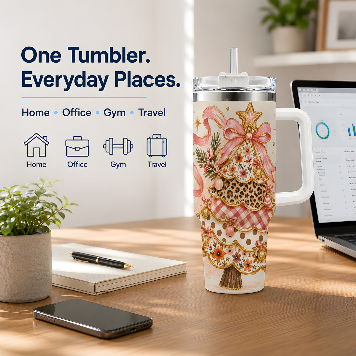 #pl[40oz|White] Pink Bow Patterned Christmas Tree Tumbler, 40oz Stainless Steel Tumbler