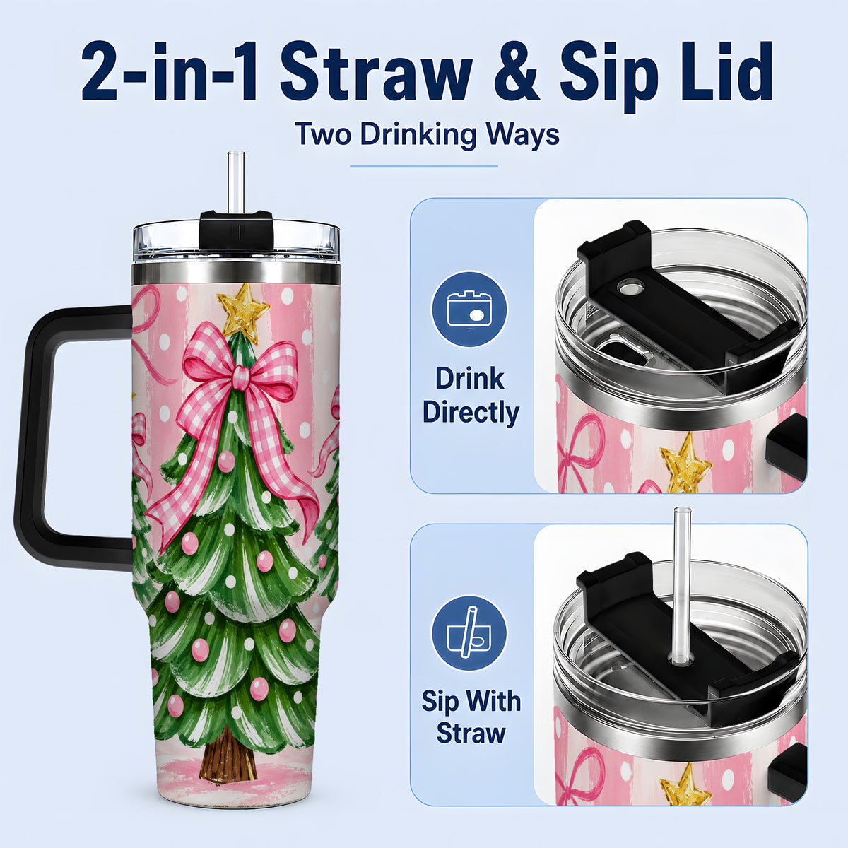 #pl[40oz|Black] Pink Gingham Christmas Tree Tumbler, 40oz Stainless Steel Tumbler