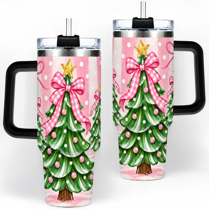 #pl[40oz|Black] Pink Gingham Christmas Tree Tumbler, 40oz Stainless Steel Tumbler