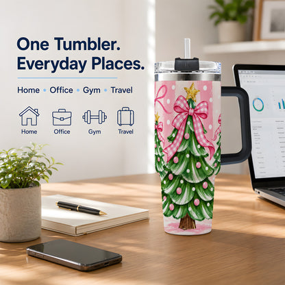 #pl[40oz|Black] Pink Gingham Christmas Tree Tumbler, 40oz Stainless Steel Tumbler