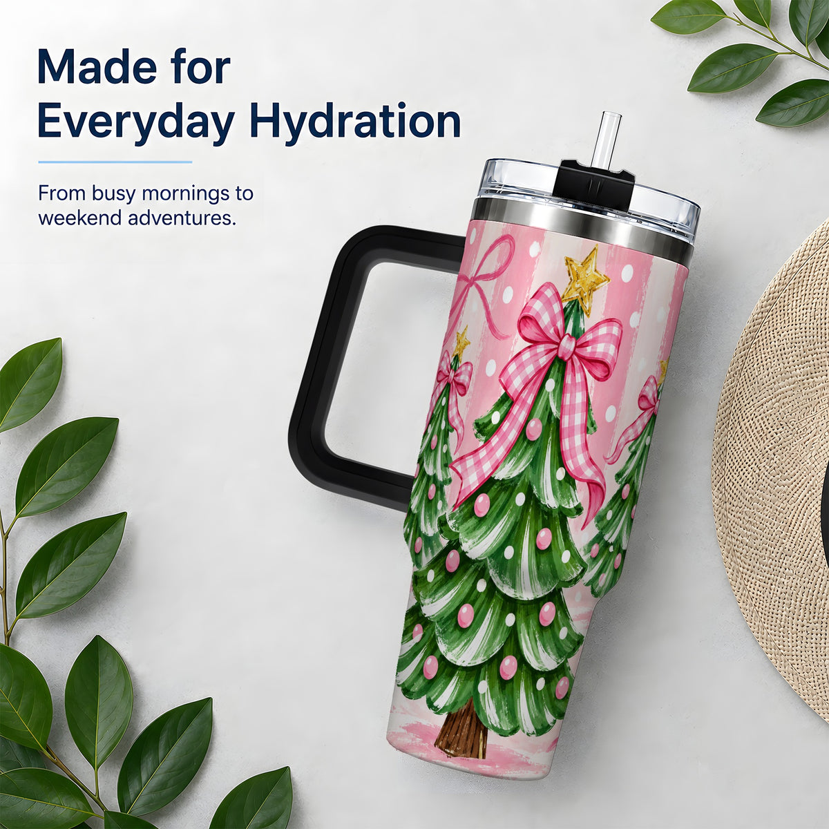 #pl[40oz|Black] Pink Gingham Christmas Tree Tumbler, 40oz Stainless Steel Tumbler
