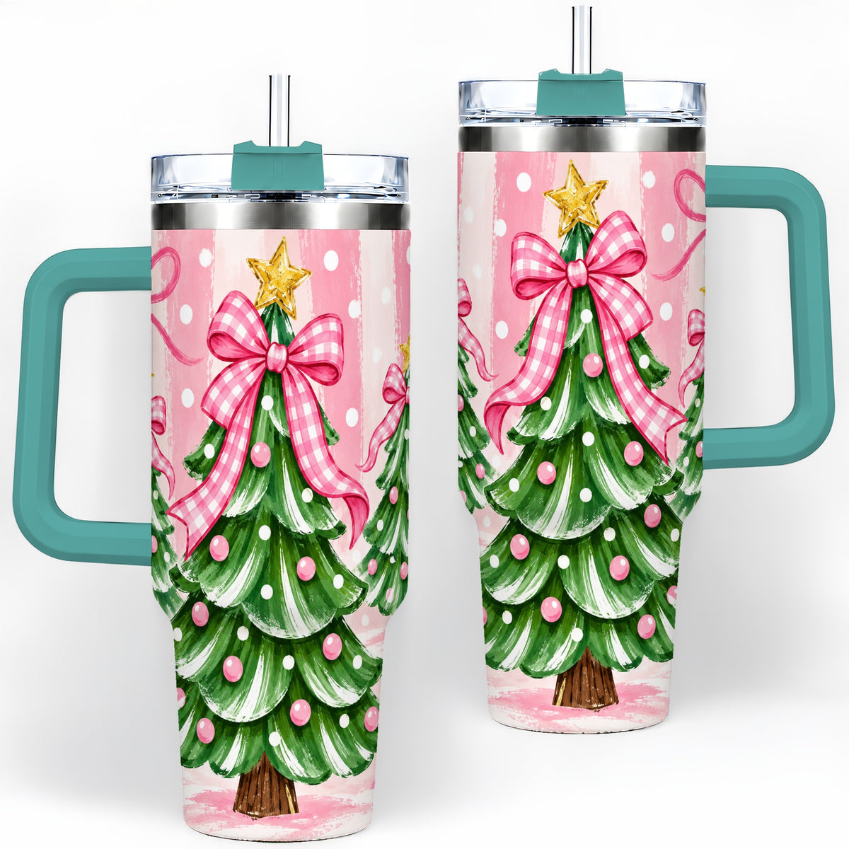 #pl[40oz|Green] Pink Gingham Christmas Tree Tumbler, 40oz Stainless Steel Tumbler