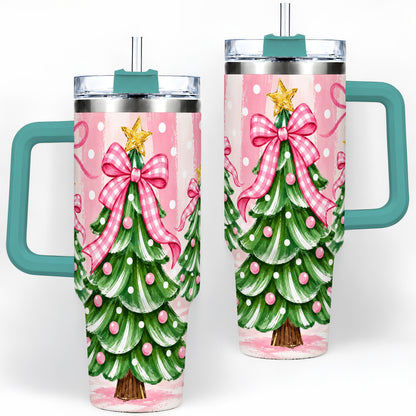 #pl[40oz|Green] Pink Gingham Christmas Tree Tumbler, 40oz Stainless Steel Tumbler