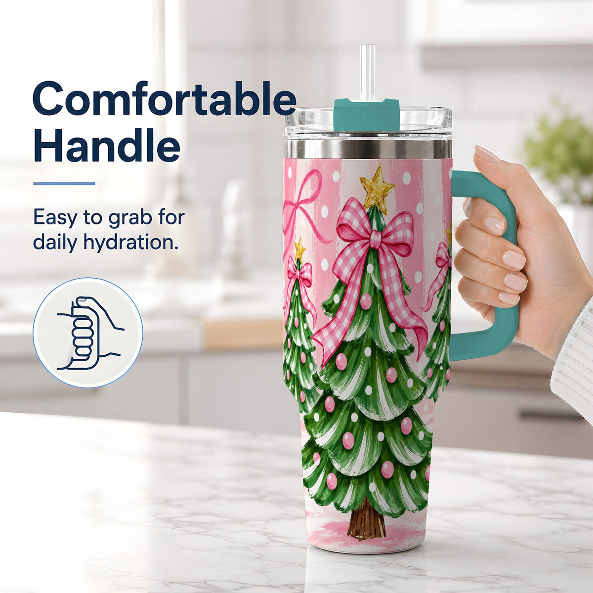 #pl[40oz|Green] Pink Gingham Christmas Tree Tumbler, 40oz Stainless Steel Tumbler