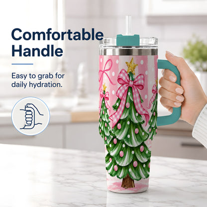 #pl[40oz|Green] Pink Gingham Christmas Tree Tumbler, 40oz Stainless Steel Tumbler