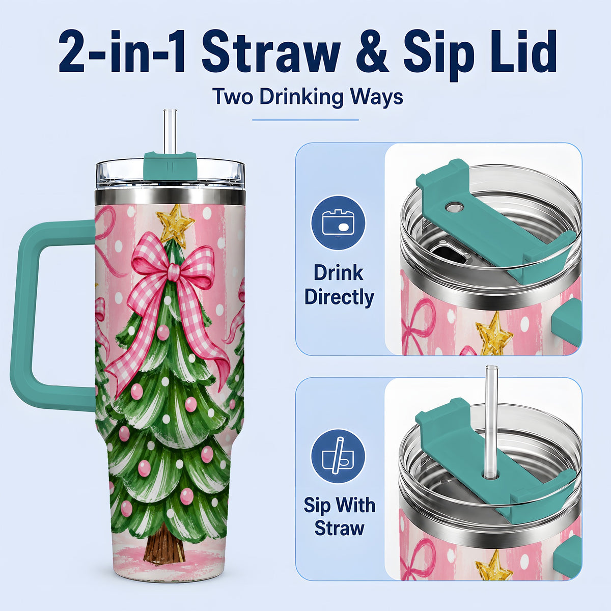 #pl[40oz|Green] Pink Gingham Christmas Tree Tumbler, 40oz Stainless Steel Tumbler