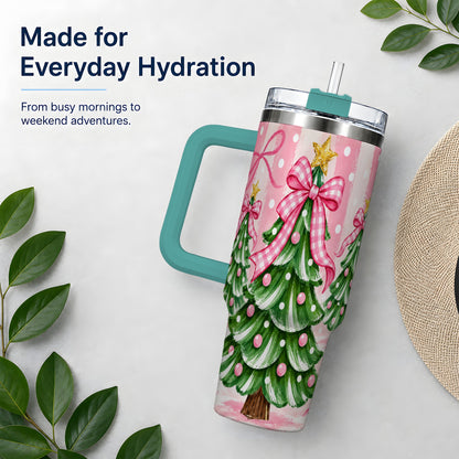 #pl[40oz|Green] Pink Gingham Christmas Tree Tumbler, 40oz Stainless Steel Tumbler