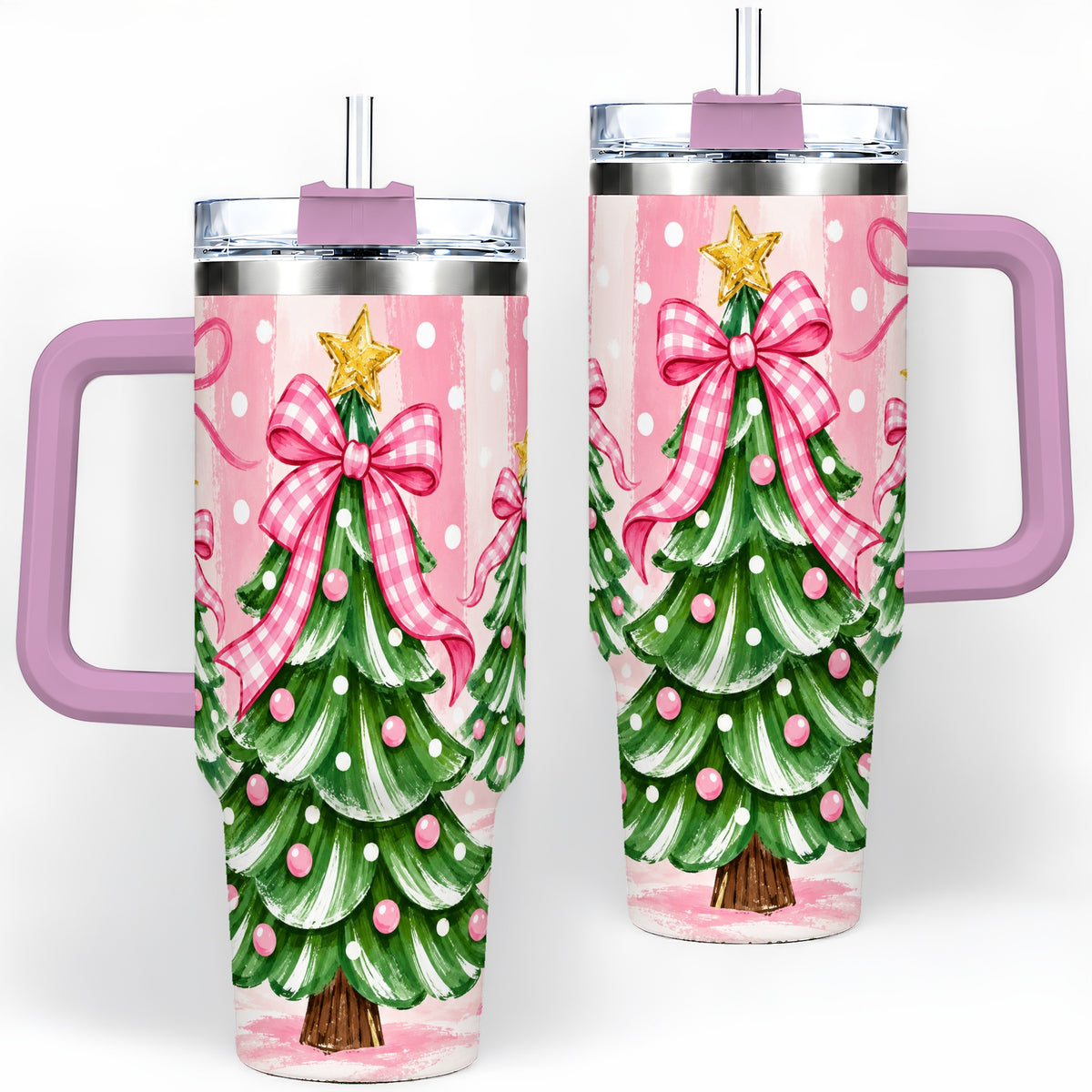 #pl[40oz|Pink] Pink Gingham Christmas Tree Tumbler, 40oz Stainless Steel Tumbler