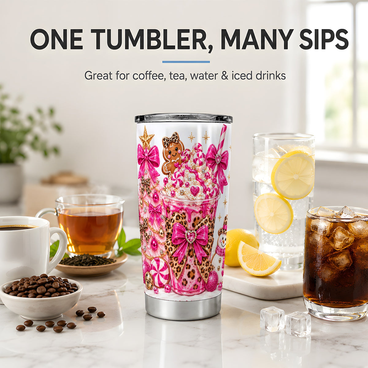 #pl[20oz|Steel] Pink Christmas Treat Tumbler, 20oz Stainless Steel Tumbler