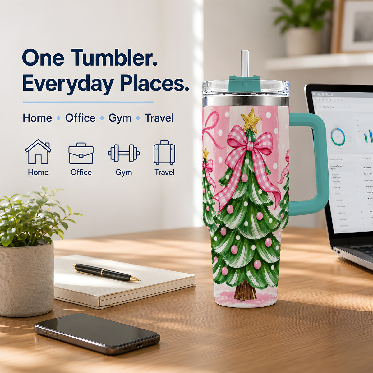 #pl[40oz|Green] Pink Gingham Christmas Tree Tumbler, 40oz Stainless Steel Tumbler