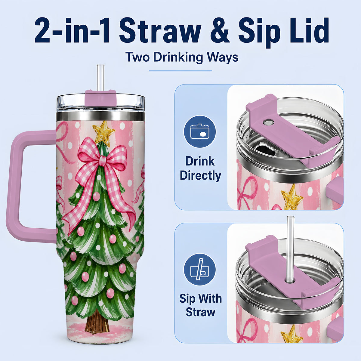 #pl[40oz|Pink] Pink Gingham Christmas Tree Tumbler, 40oz Stainless Steel Tumbler