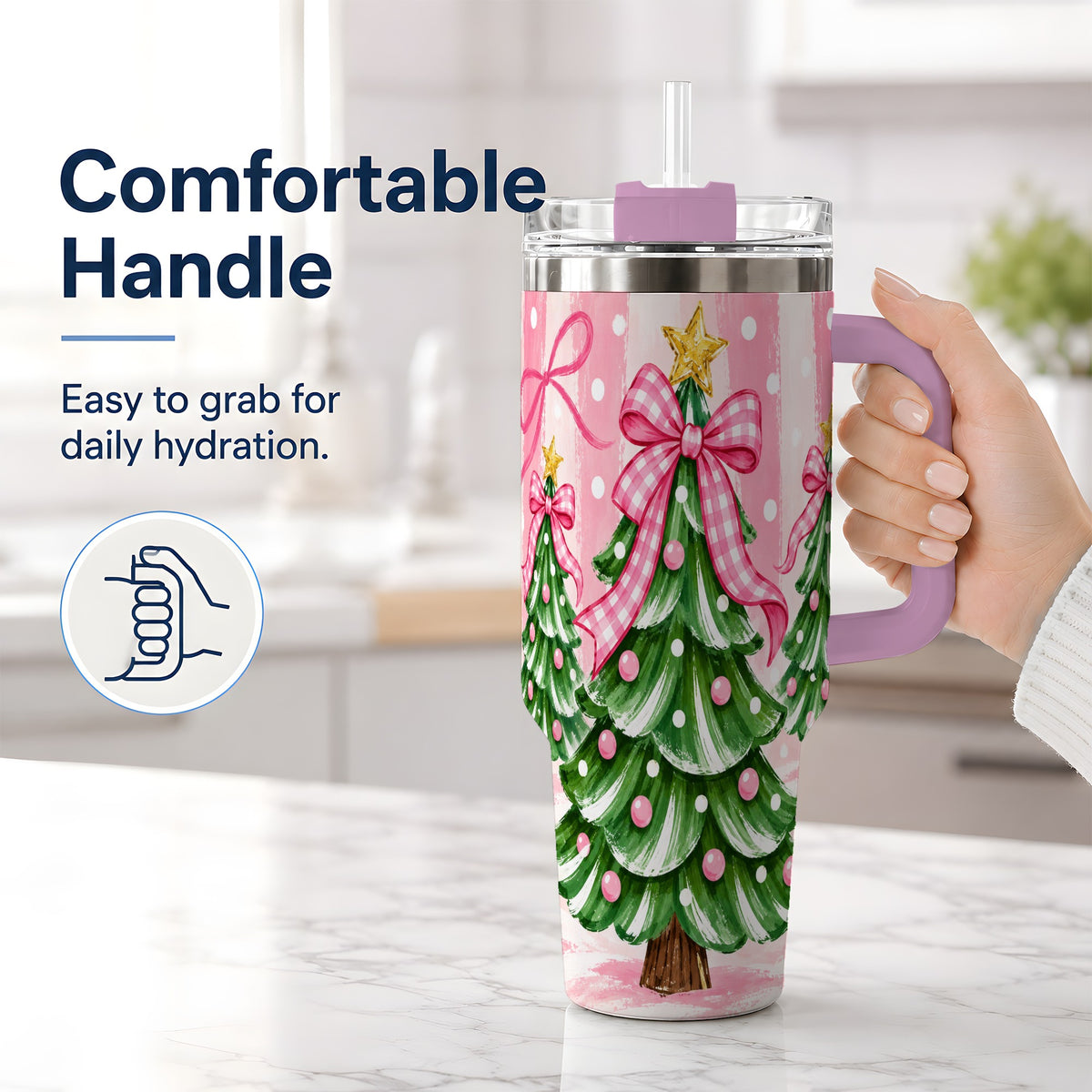 #pl[40oz|Pink] Pink Gingham Christmas Tree Tumbler, 40oz Stainless Steel Tumbler