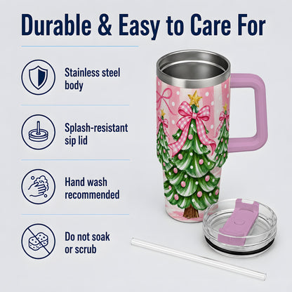 #pl[40oz|Pink] Pink Gingham Christmas Tree Tumbler, 40oz Stainless Steel Tumbler