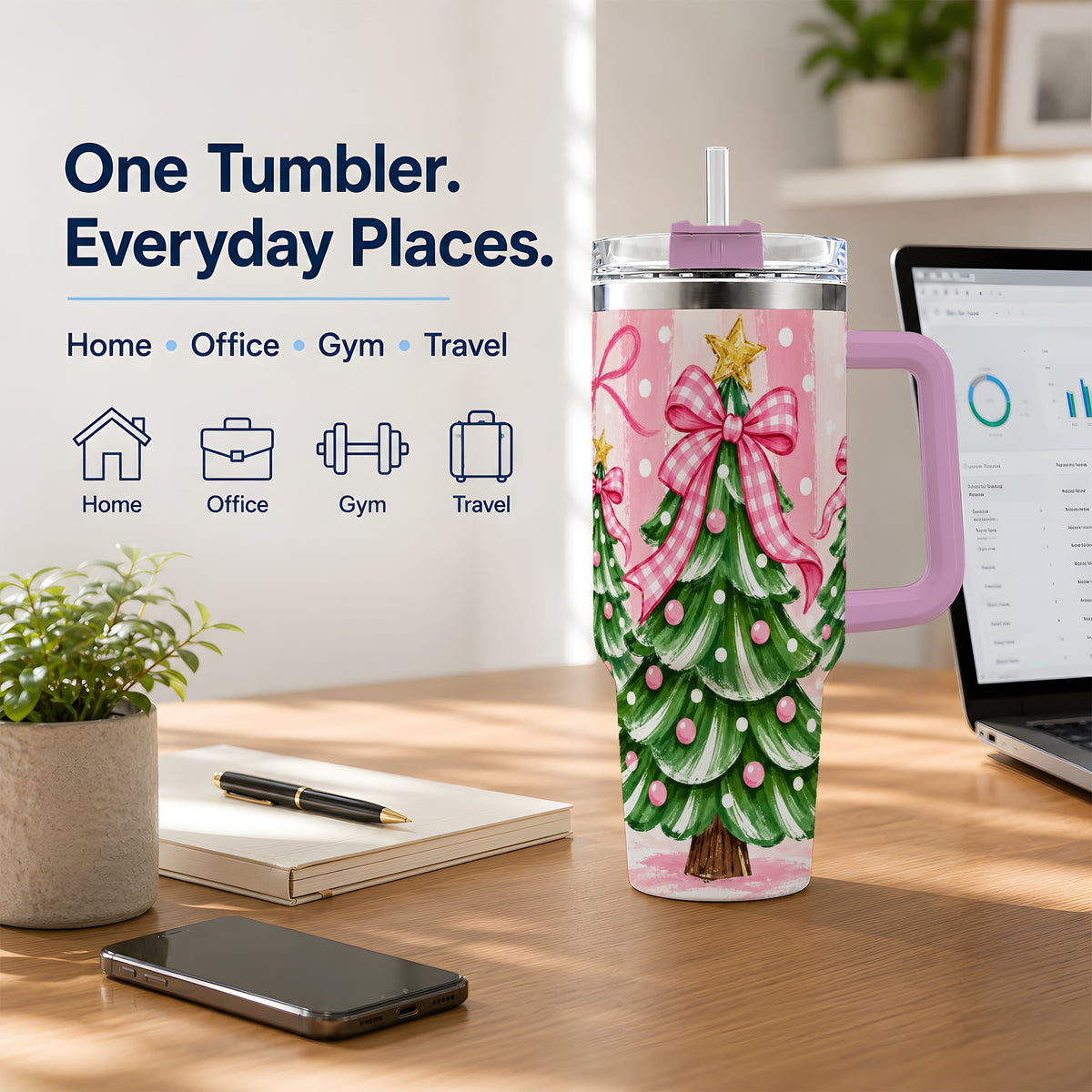 #pl[40oz|Pink] Pink Gingham Christmas Tree Tumbler, 40oz Stainless Steel Tumbler