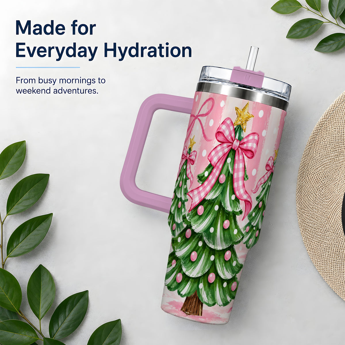 #pl[40oz|Pink] Pink Gingham Christmas Tree Tumbler, 40oz Stainless Steel Tumbler