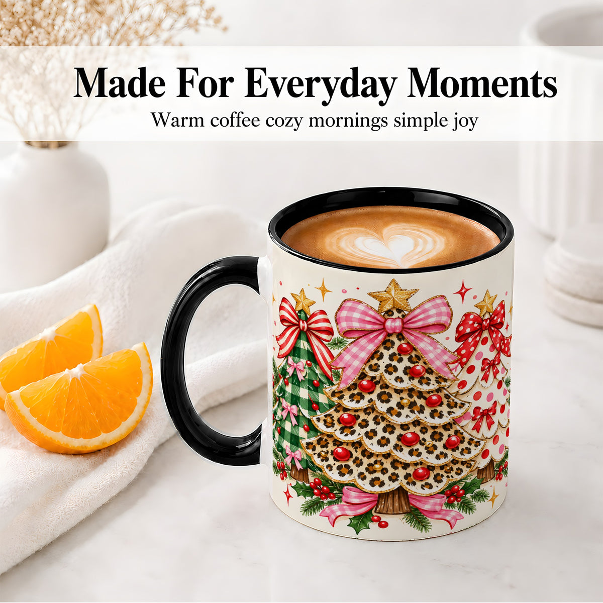 #pl[11oz|Black] Patterned Trio Christmas Tree Accent Mug, Ceramic Mug