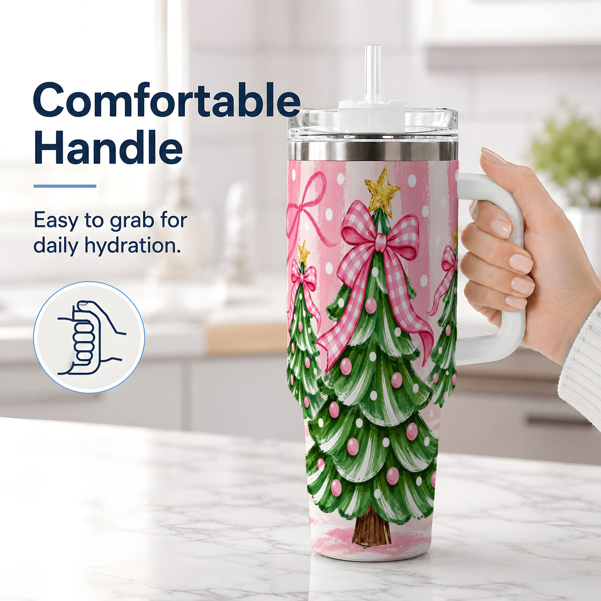 #pl[40oz|White] Pink Gingham Christmas Tree Tumbler, 40oz Stainless Steel Tumbler