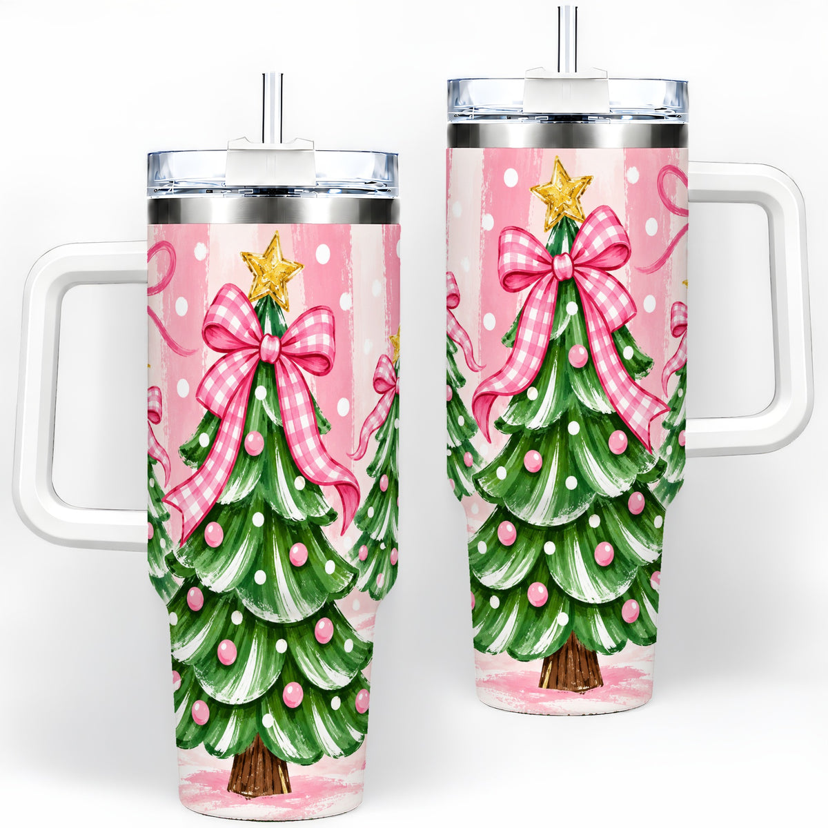 Pink Gingham Christmas Tree Tumbler, 40oz Stainless Steel Tumbler