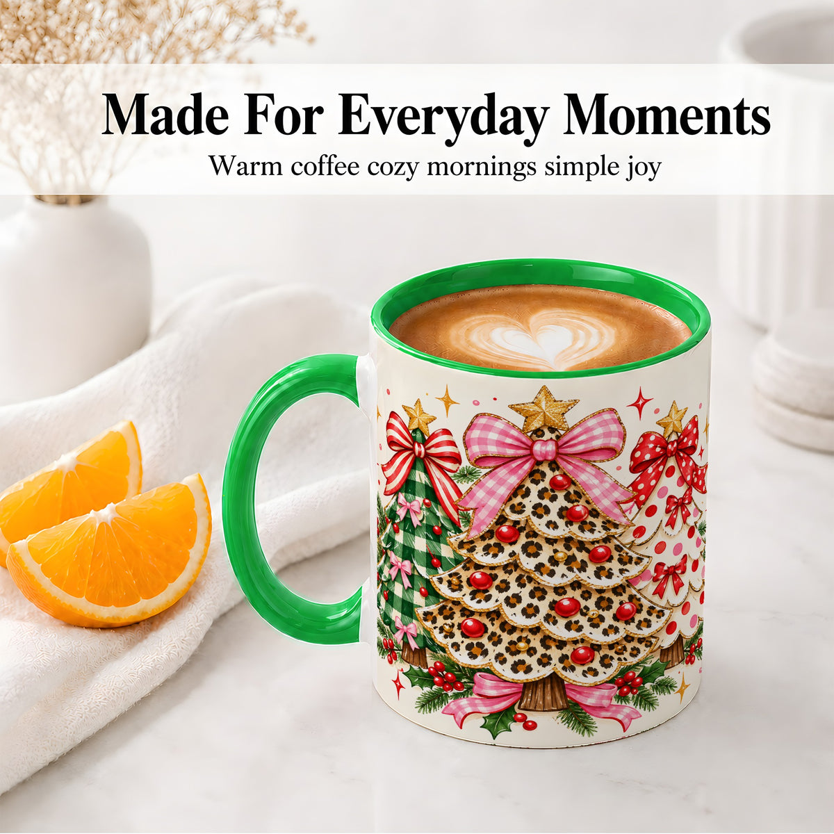 #pl[11oz|Green] Patterned Trio Christmas Tree Accent Mug, Ceramic Mug